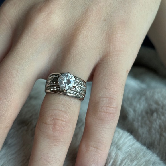 Sterling Silver CZ Ring Wide Dome Band 4 Rows Pave & Large Round Center Stone - Picture 1 of 7